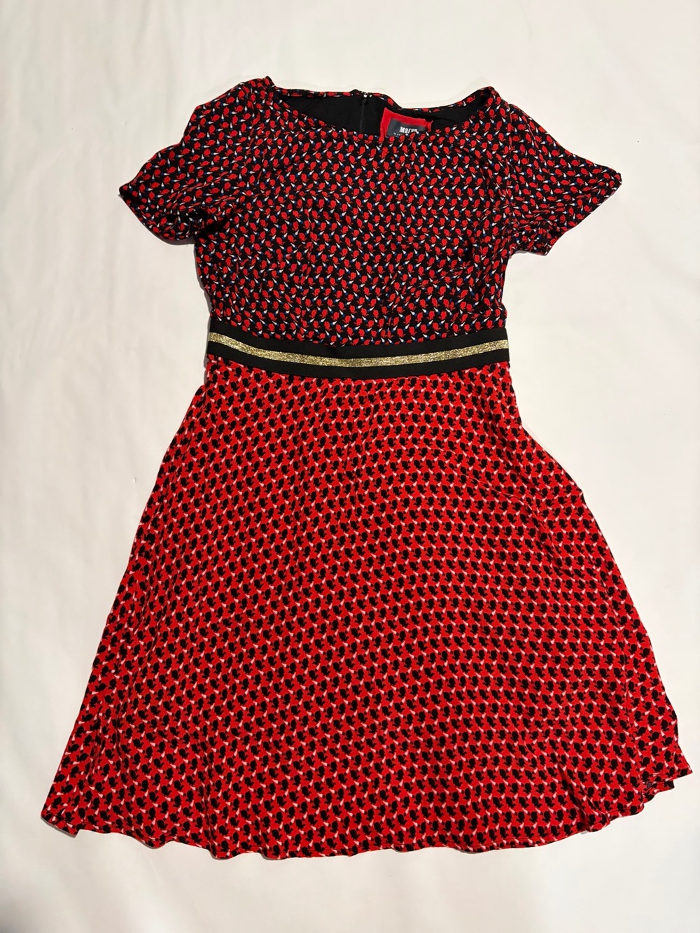Maeve by Anthropology Red Patterned Midi Dress with Gold-Trim Waistband